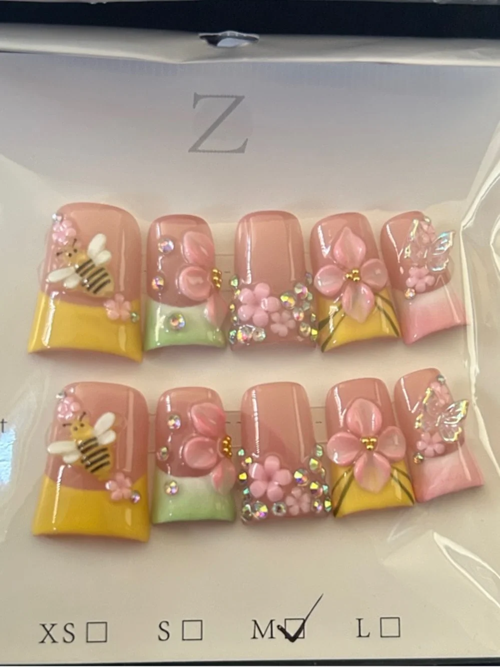Handcrafted 3D Floral Press-On Nails in Pink, Yellow & Green